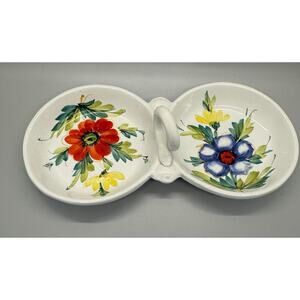 Vintage Beautiful Hand Painted Divided Dish Floral Handle Made In Italy Spring